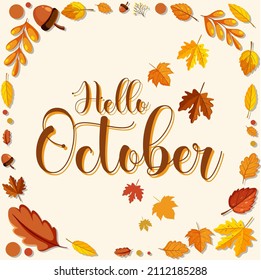 Hello October with ornate of autumn leaves frame illustration