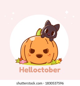 Hello October, pumpkin and cat vector illustration for helloween.