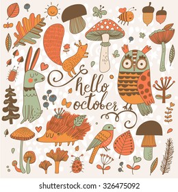 Hello October - sweet forest card with lovely wild animals : rabbit, hedgehog, squirrel, owl and birds. Stylish background with birds and animals in mushrooms, leafs and insects in orange colors