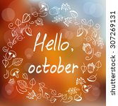 Hello, october. Template with blurred background and doodle style wreath with leaves 