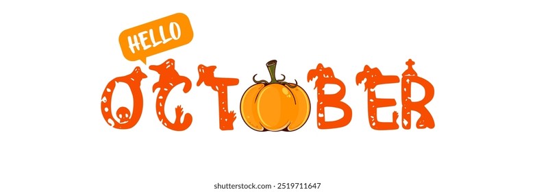 Hello October text with pumpkin isolated on transparent background. Hello October sticker, label, banner, poster design template