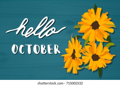 Hello October. Vector illustration with hand drawn lettering on wooden background