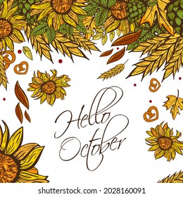 Hola Banner vertical de octubre con hojas de otoño amarillas, trigo y lúpulo y girasoles amarillos