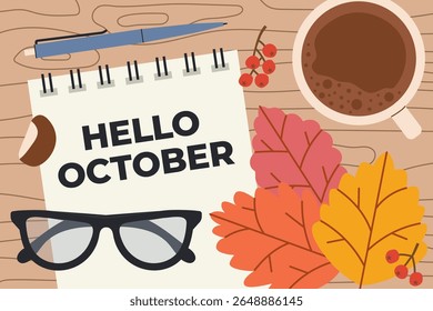 hello october written in a notebook; ideal for autumn-themed projects, calendars, bullet journals, and seasonal greeting cards- vector illustration