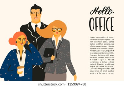 Hello office. Vectior illustration with office workers. Design template.