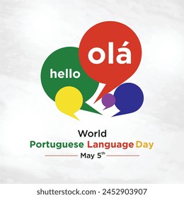 Hola Ola en tipografía en portugués. Día Mundial de la Lengua Portuguesa 5 de mayo Medios sociales desean Vector de Plantilla