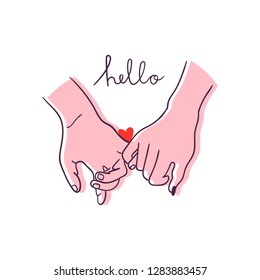 Hello. One line hand drawn holding hands. Saint Valentine's day colored vector illustration