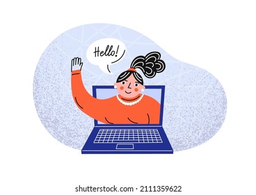 Hello! Online videocall. Woman saying hello and waving hand from laptop screen. 