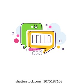 Hello original logo, bright badge with Hello word and speech bubbles vector Illustrations on a white background