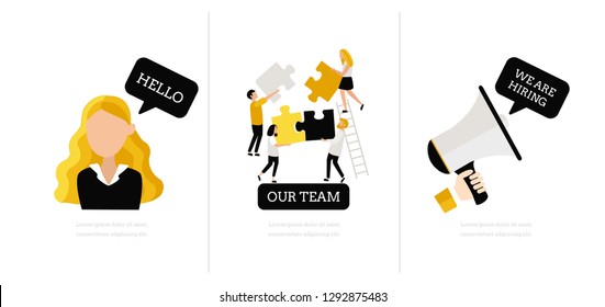 Hello. Our team. We are hiring. Web page template. Modern flat design concept.