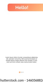 Hello page mockup for mobile interface template with right orange header, sample text. Mobile, screen, webpage. Internet technologies concept. Vector illustration can be used for slide, web design