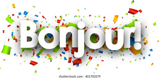 Hello paper background with color confetti. Vector illustration.
