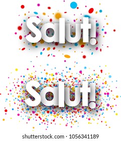 Banners de papel Hello com gotas de cor, Catalão. Ilustração vetorial.