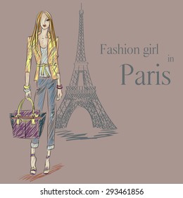 Hello, Paris. Fashion girl near Eiffel Tower hand drawn illustration Background with model