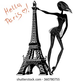 Hello, Paris. Fashion girl near Eiffel Tower hand drawn illustration Background with model