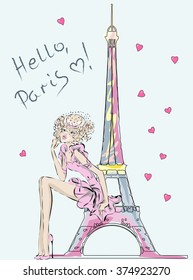 Hello, Paris. Fashion girl near Eiffel Tower hand drawn illustration Background with model