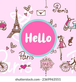 Hello Paris theme card template design with hand drawn illustration.