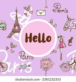 Hello Paris theme. Greeting card template design with hand drawn illustration.