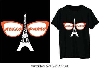 Hello Paris T-shirt Design. Paris T-shirt design. Feet up on a black T-shirt and black background. 