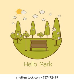 "Hello Park" and a beautiful park. Environmentally friendly natural landscape. Vector illustration