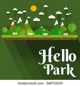 Hello Park. Natural landscape in the flat style. a beautiful park.Environmentally friendly natural landscape.Vector illustration