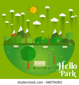 Hello Park. Natural landscape in the flat style. a beautiful park.Environmentally friendly natural landscape.Vector illustration
