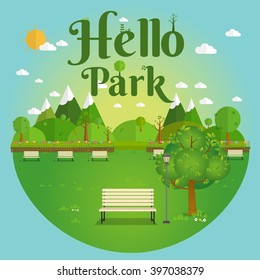 Hello Park. Natural landscape in the flat style. a beautiful park.Environmentally friendly natural landscape.Vector illustration