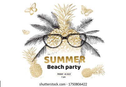 Hello PARTY, palm tree, glasses, pineapple. Hand drawn illustration.