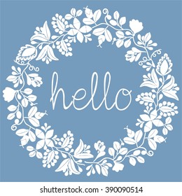Hello pastel laurel vector wreath white frame on pastel blue background