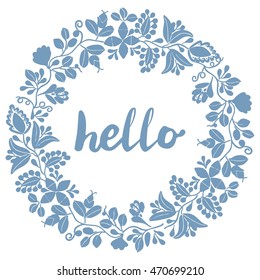 Hello pastel laurel vector wreath blue frame isolated on white background