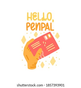 Hola penpal - lindo doodle vectorial colorido con letras para correo, correo postal y post-travesía.Mano, sobre, carta, estrellas. Plantilla vectorial para tarjeta, postal, banner, afiche, pegatina y medios sociales