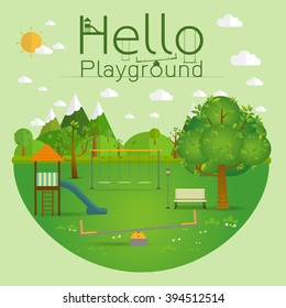 Hello playground. Natural landscape in the flat style.a beautiful park.Environmentally friendly natural landscape.Vector illustration