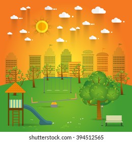 Hello playground. Natural landscape in the flat style. a beautiful public park in city Vector illustration