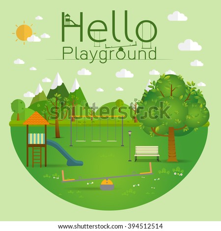 Hello playground. Natural landscape in the flat style.a beautiful park.Environmentally friendly natural landscape.Vector illustration