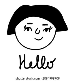 Hello. Portrait of smiling woman expressing favor. Good mood. Female cheerful character in cartoon style. Happy positive person face with smile. Girl icon in line art, doodle design.