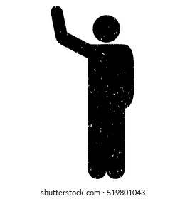 Hello Pose grainy textured black icon for overlay watermark stamps. Flat symbol with scratched texture. Dotted vector ink rubber seal stamp with grunge design on a white background.