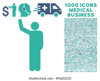 Hello Pose icon with 1000 medical commercial cobalt and cyan vector pictograms. Design style is flat bicolor symbols, white background.