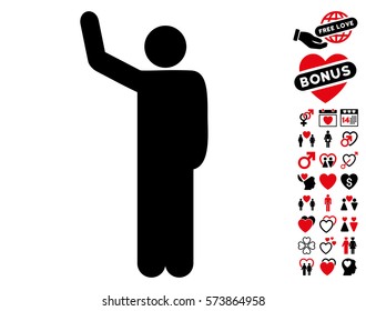 Hello Pose icon with bonus dating graphic icons. Vector illustration style is flat iconic intensive red and black symbols on white background.
