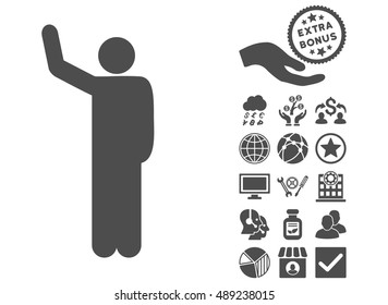 Hello Pose icon with bonus pictogram. Vector illustration style is flat iconic symbols, gray color, white background.