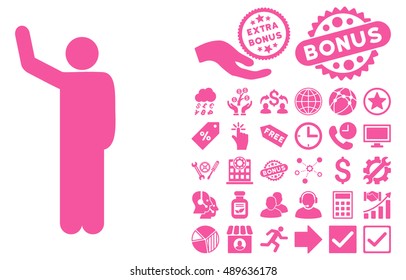 Hello Pose icon with bonus icon set. Vector illustration style is flat iconic symbols, pink color, white background.