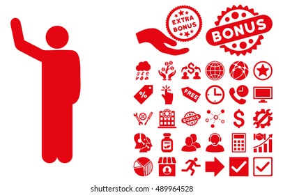 Hello Pose pictograph with bonus pictograph collection. Vector illustration style is flat iconic symbols, red color, white background.
