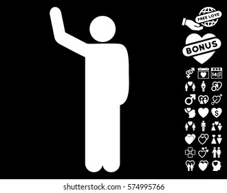 Hello Pose pictograph with bonus dating images. Vector illustration style is flat iconic white symbols on black background.