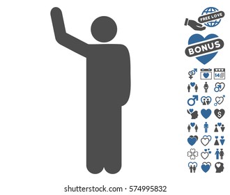 Hello Pose pictograph with bonus love graphic icons. Vector illustration style is flat iconic cobalt and gray symbols on white background.