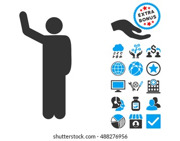 Hello Pose pictograph with bonus pictures. Vector illustration style is flat iconic bicolor symbols, blue and gray colors, white background.
