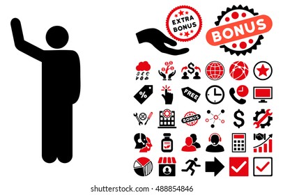 Hello Pose pictograph with bonus symbols. Vector illustration style is flat iconic bicolor symbols, intensive red and black colors, white background.