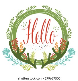 Hello postcards with green circular frame, antlers and flowers and herbs