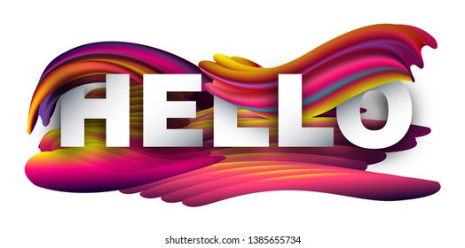 Hello poster with spectrum brush strokes on white background. Colorful gradient brush design