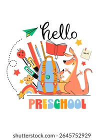 Hello Preschool – Cute Kangaroo with Backpack and School Supplies Vector for Kids.vector illustration featuring a smiling kangaroo and joey with a backpack full of school supplies. 
