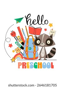 Hello Preschool – Cute Raccoon with Backpack and School Supplies Vector for Kids.Playful and colorful vector illustration featuring a smiling raccoon and joey with a backpack full of school supplies.