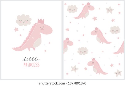 Hello Princess. Cute Simple Dino Illustration with White Fluffy Smiling Clouds and Stars on a White Background. Simple Nursery Art for Baby Girl. Print with Pink Dinosaur Princess, Clouds and Stars. 